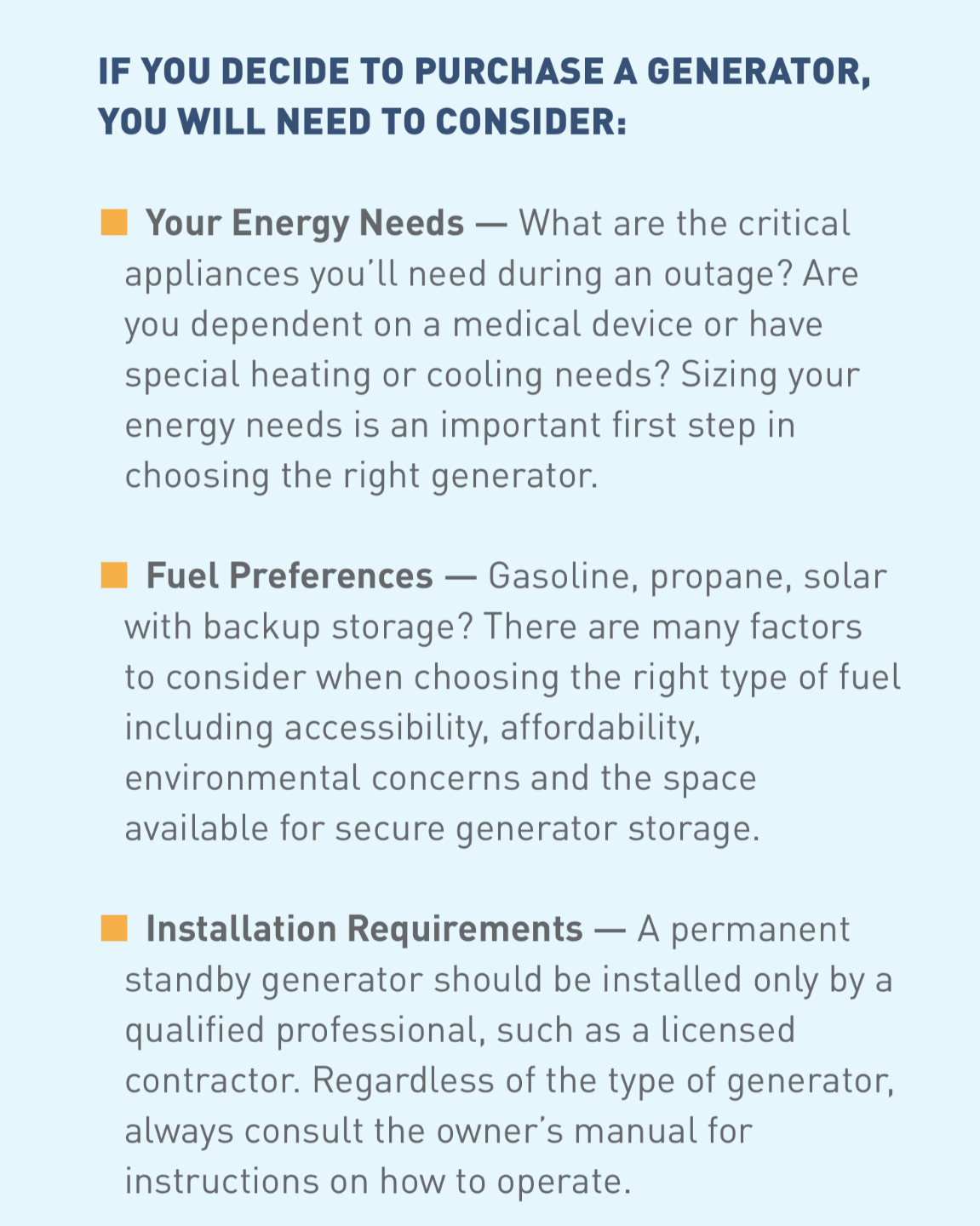 Text block on blue background about considerations when purchasing a generator