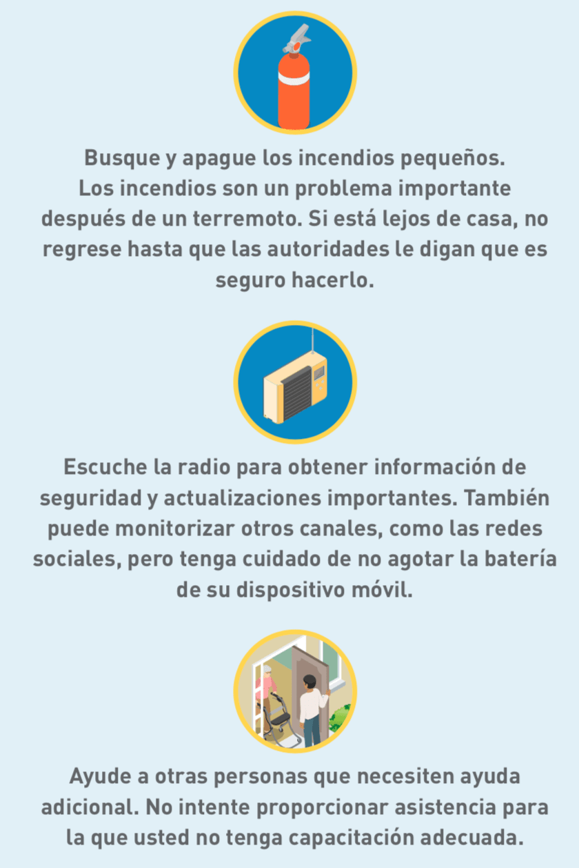 Íconos de extintor de incendios, radio y vecino de edad avanzada