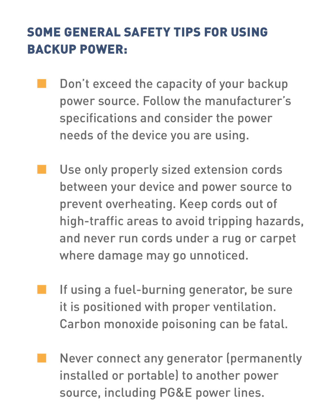 Text block with general safety tips for using backup power
