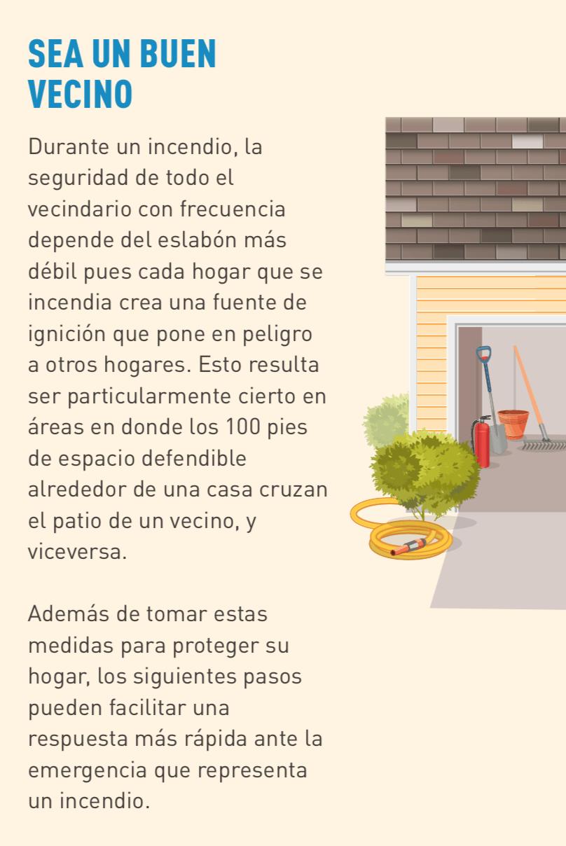 Ilustración de una cochera abierta con una pala, rastrillo, extintor de incendios, cubeta y manguera.