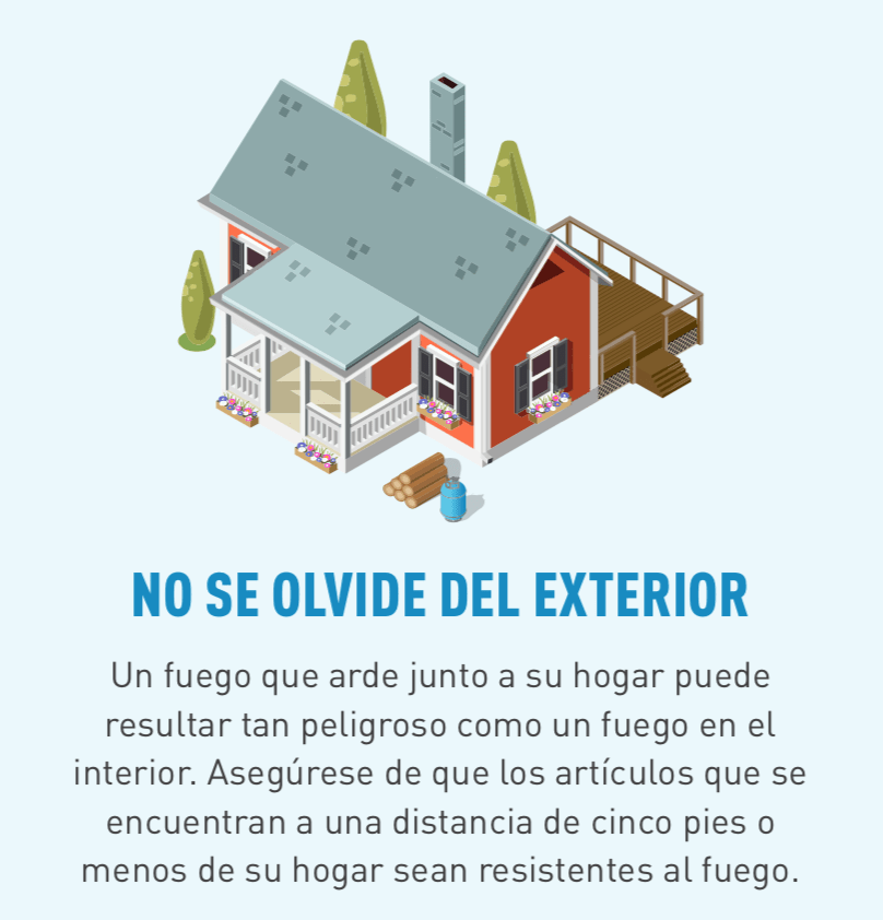 Ilustración de una casa roja con un porche y pila de leña, tanque de propano y árboles cercanos