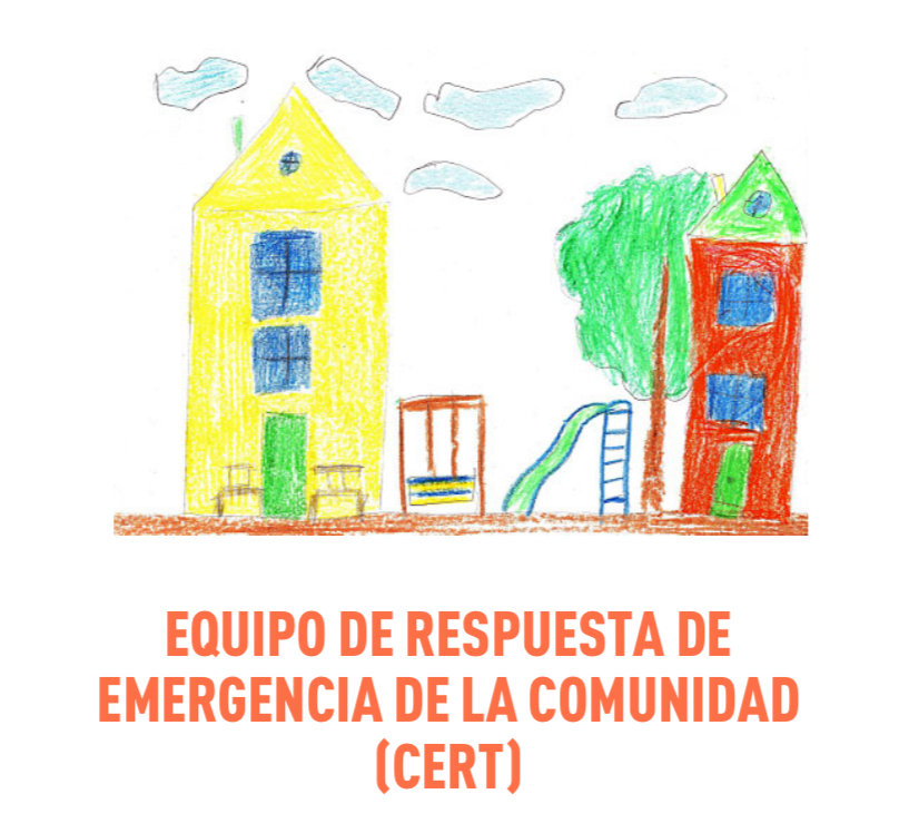 Ilustración de dos edificios, patio de recreo compartido, un árbol y nubes