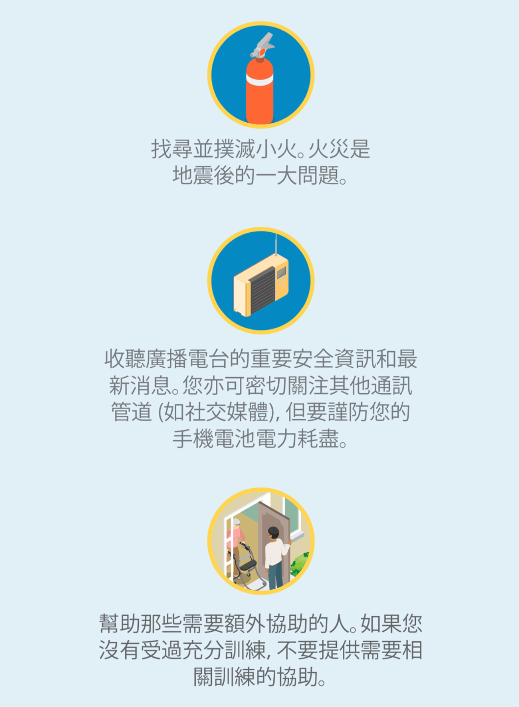 滅火器、收音機和老人鄰居的圖示