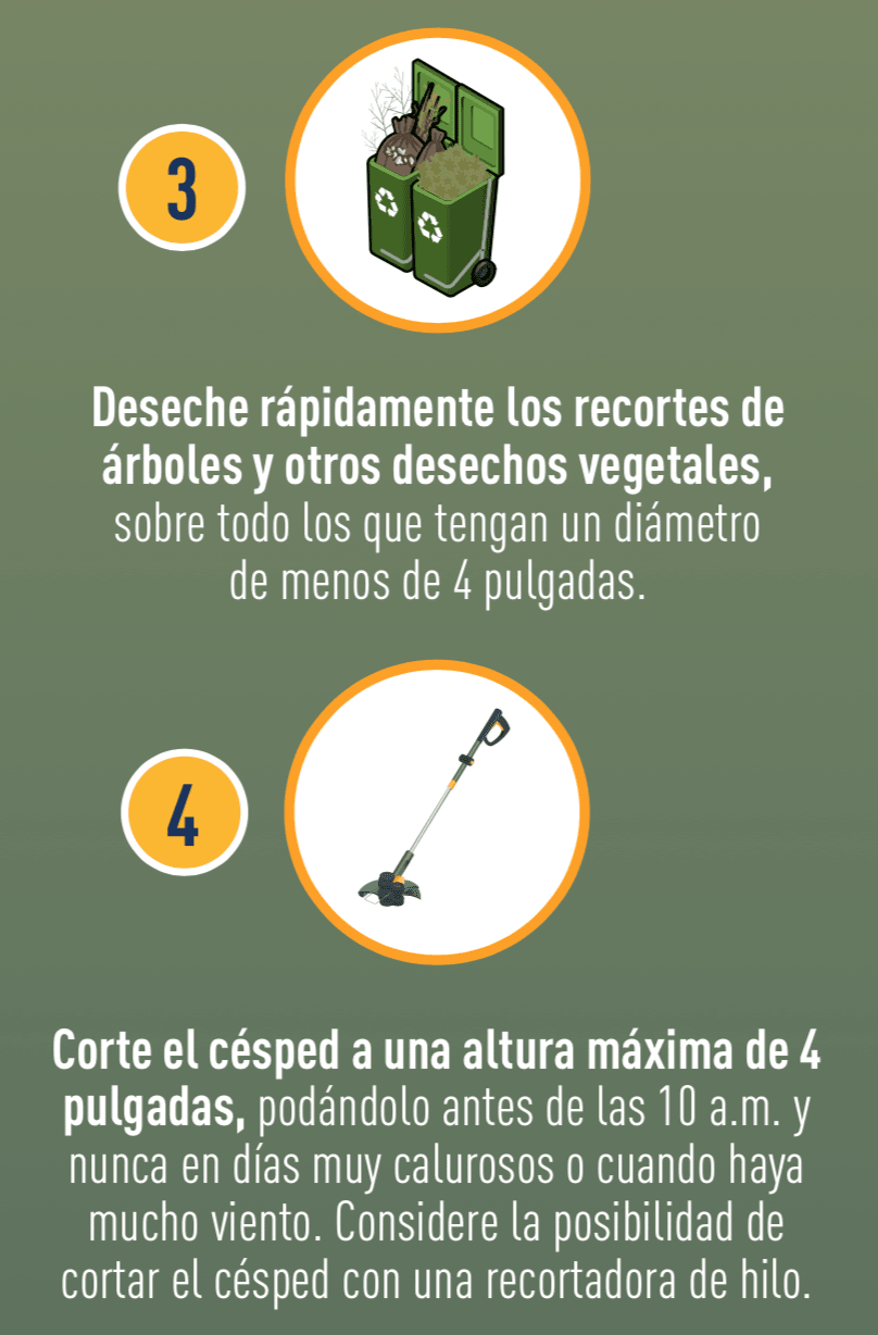 Ícono de recortes de árbol desechados en recipientes, e ícono de una podadora de césped.