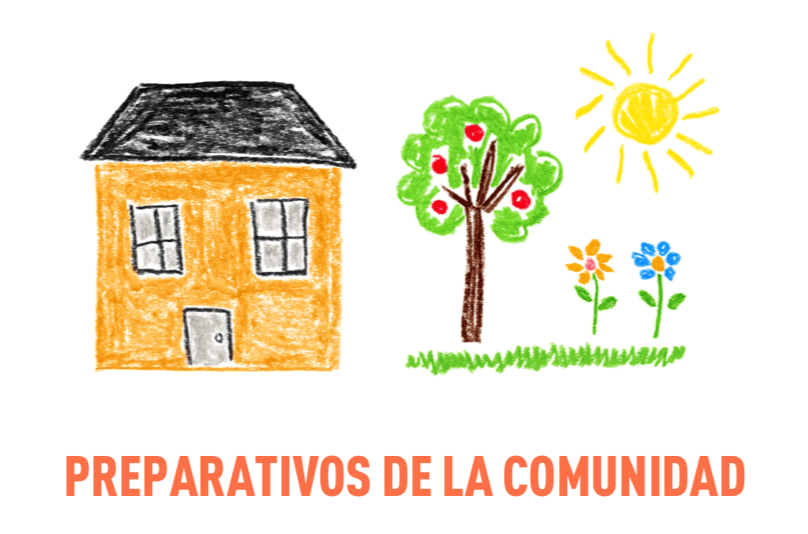 Ilustración de una casa y jardín comunitario con el sol brillando