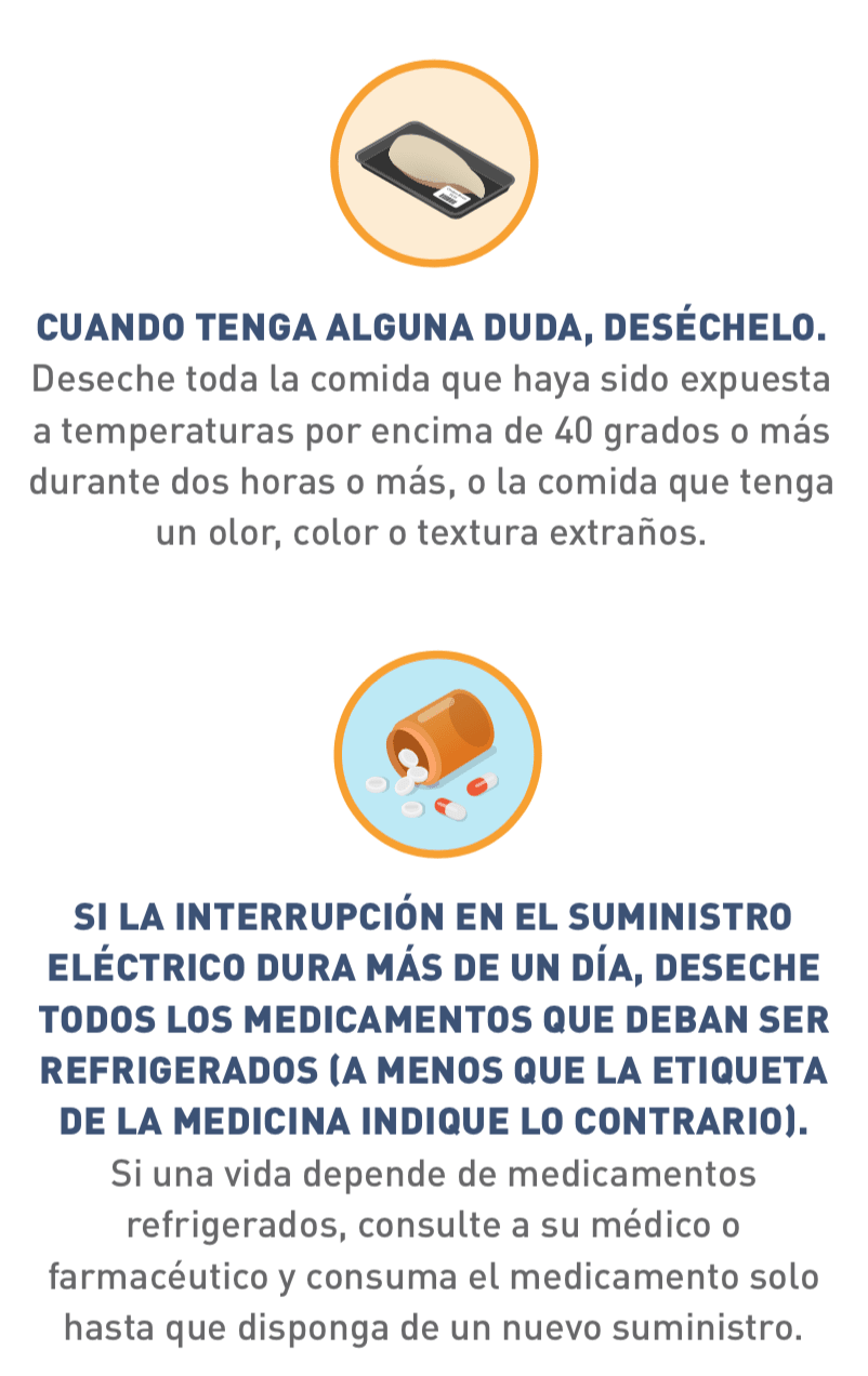 Ícono ilustrado de comida refrigerada, e ícono de una botella de medicinas abierta.